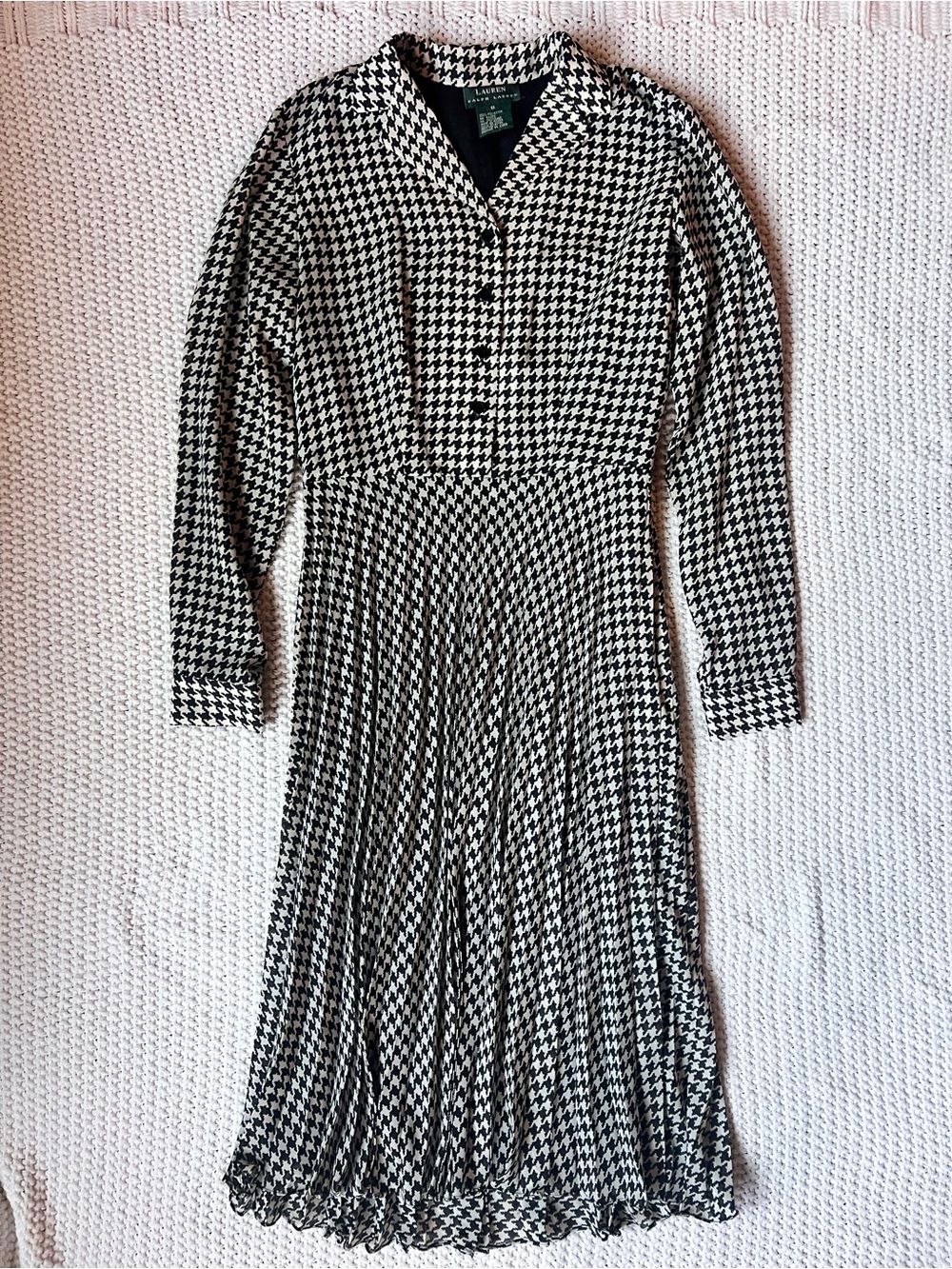 Ralph Lauren Black and Off-White Cream Midi Houndstooth Long Sleeve Dress Sz 6